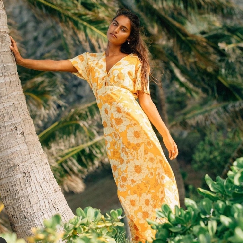 XIX Palms Golden Yellow Floral Dress